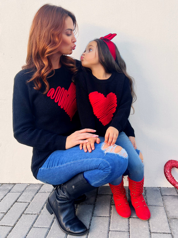 Mommy and Me Love Note Embroidered Red Heart Sweater Mia Belle Girls
