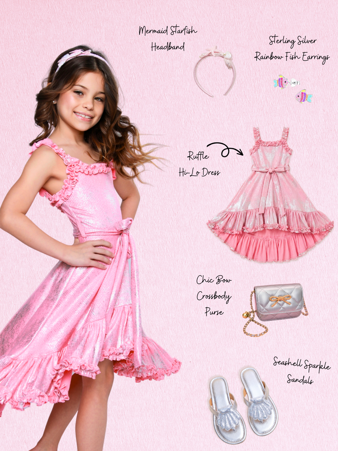 Shimmering Pink Mermaid Hi-Lo Dress Complete Look 5-Piece Set Mia Belle Girls
