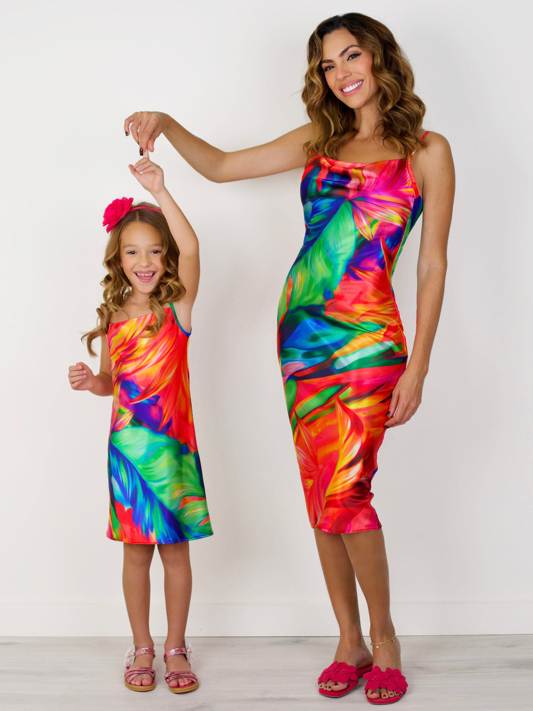 Mommy and Me Tropical Print Satin Midi Slipdress