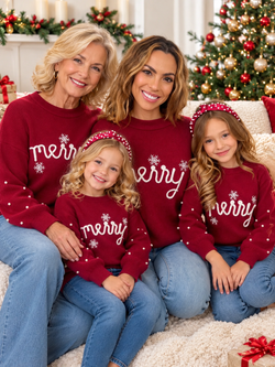 Family Matching Merry Christmas Pearl Embellished Sweater