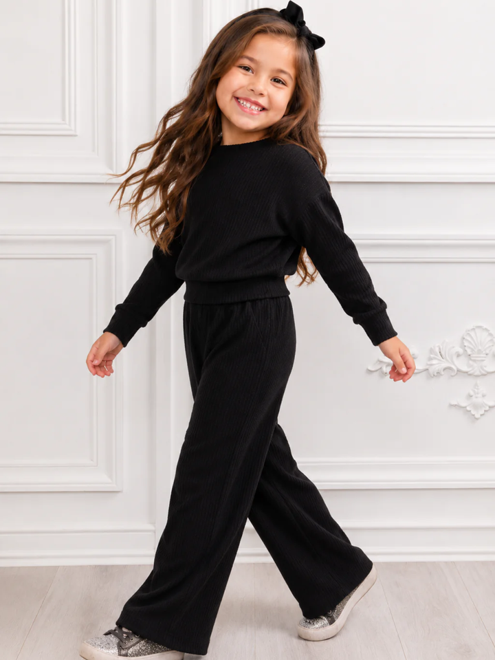 Chic In Black Ribbed Top and Pant Lounge Set