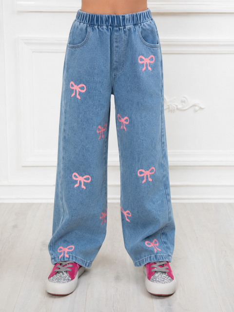 Pink Bow Wide Leg Denim Jeans