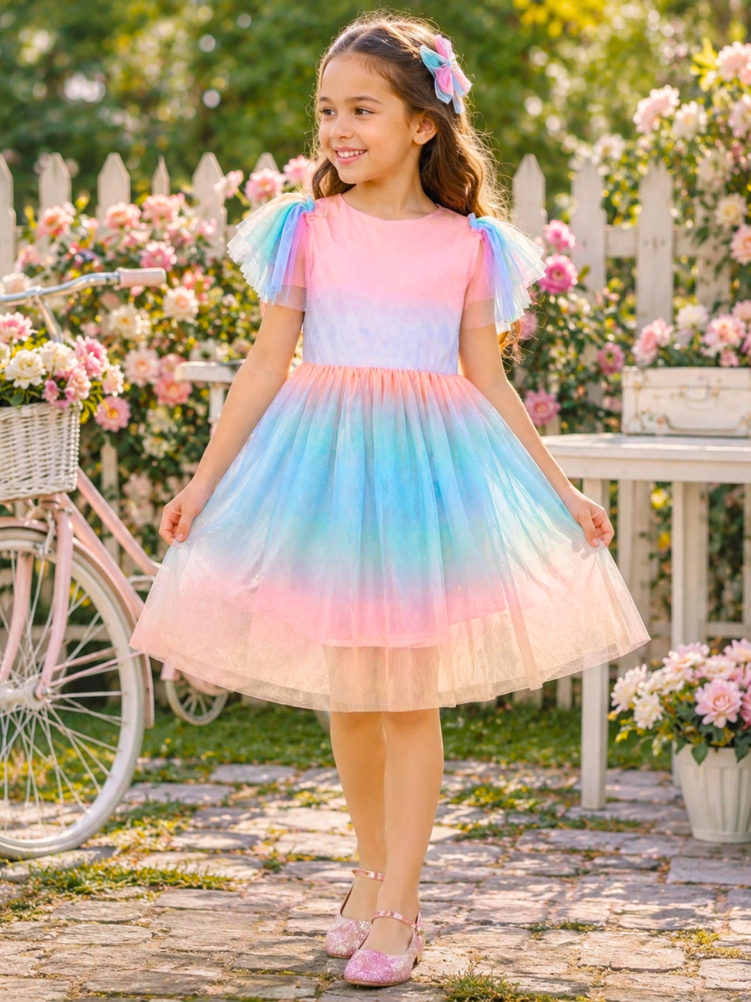 cotton rainbow dress Boden Girls Multi Strap Flare Dress in Blue