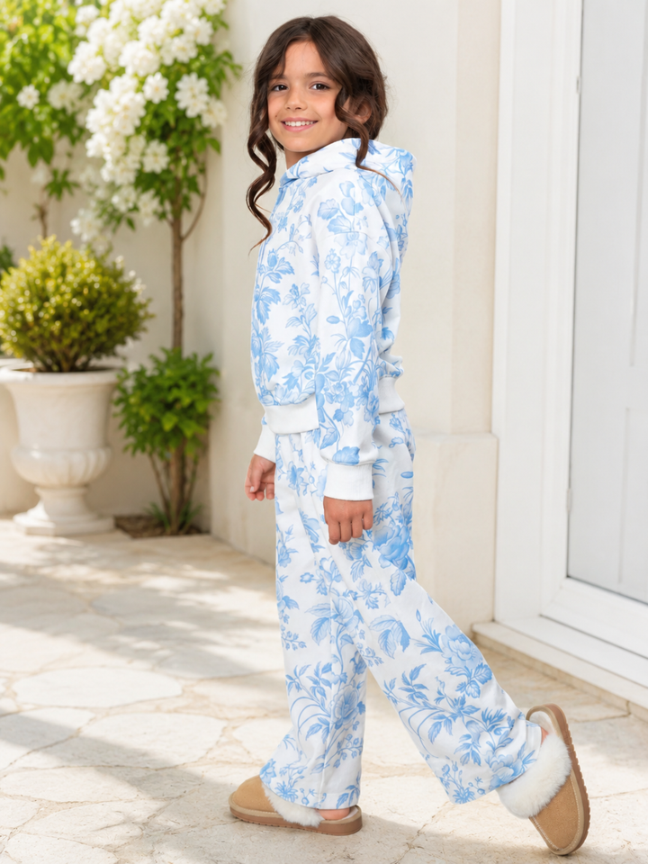 Blue Damask Floral Cotton Hoodie & Fleece Sweatpant Set