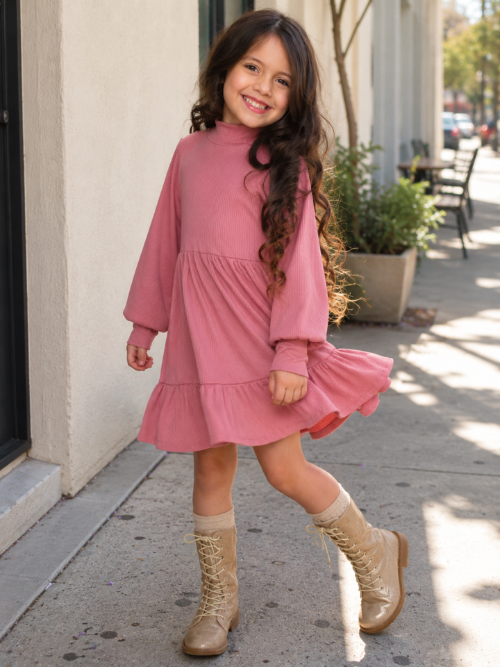 Rosy Charm Ribbed Ruffle Dress