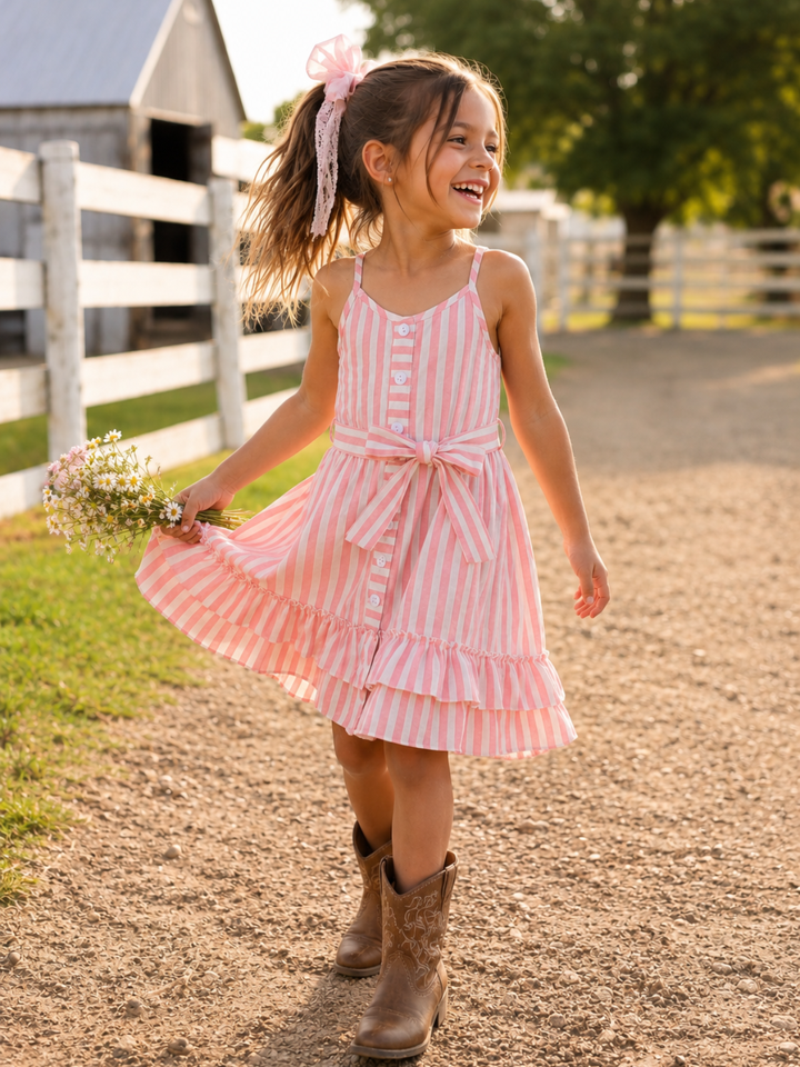Pink Candy Stripe Button-Up Linen Ruffle Dress