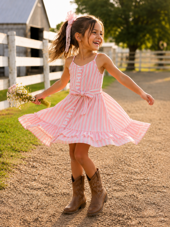 Pink Candy Stripe Button-Up Linen Ruffle Dress
