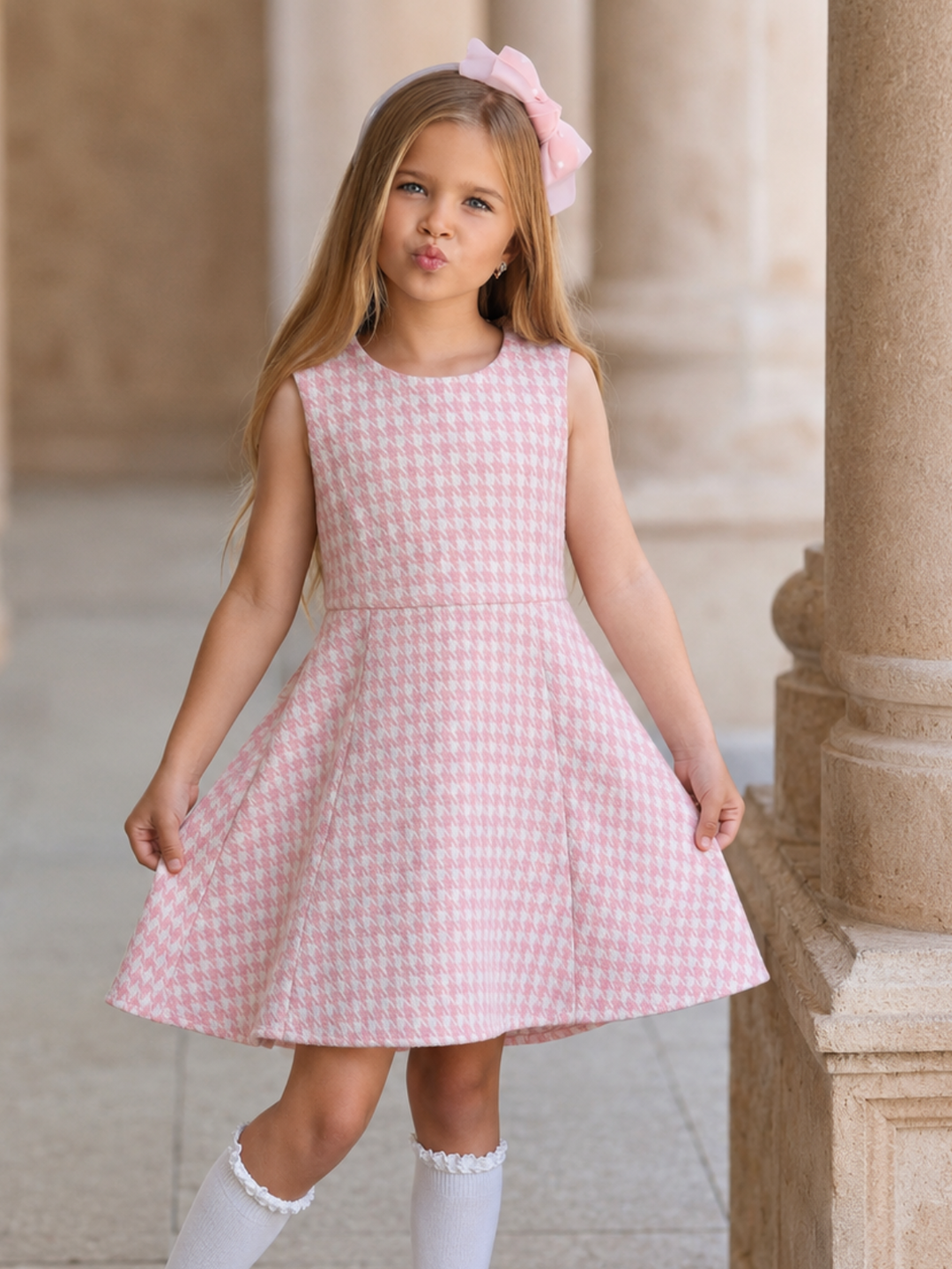 Girls houndstooth tank dress with matching jacket set for family photos, church, birthdays, and holiday celebrations.