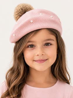 Girls Faux Pearl Fur Pom Beret