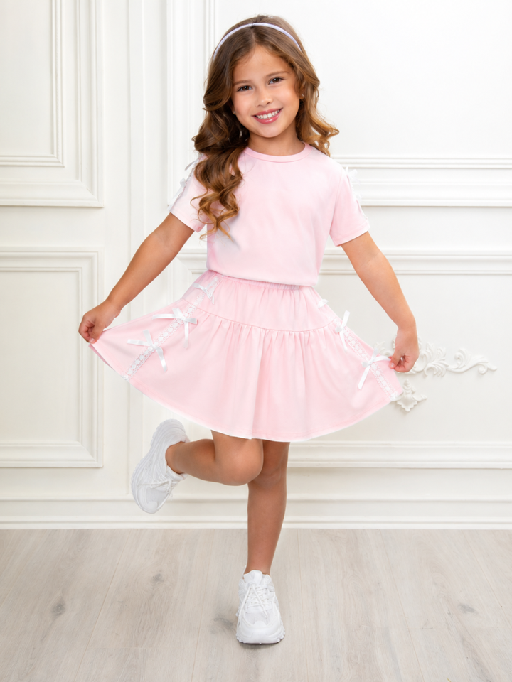 Pink Lace Bow Top and Pleated Skirt Set
