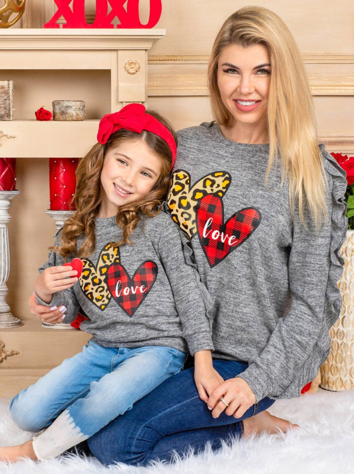 Mommy & Me Tops | Matching Long Ruffle Sleeve Mixed Print Heart Top