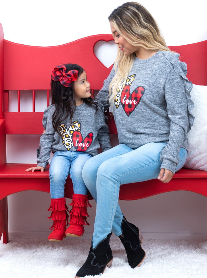 Mommy & Me Tops | Matching Long Ruffle Sleeve Mixed Print Heart Top