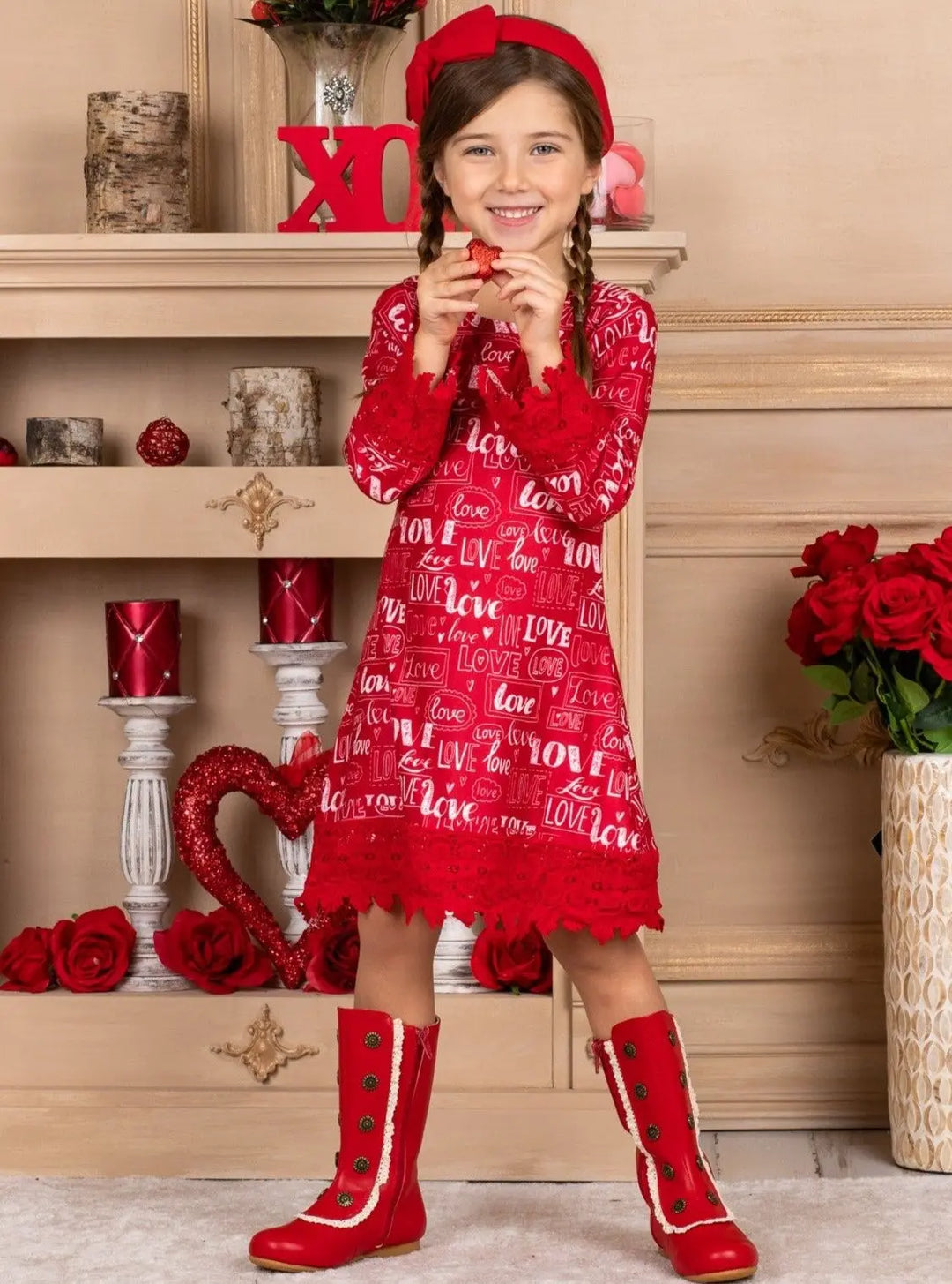 Toddler Valentine's Day Dress | Girls Love Print Crochet Hem Dress