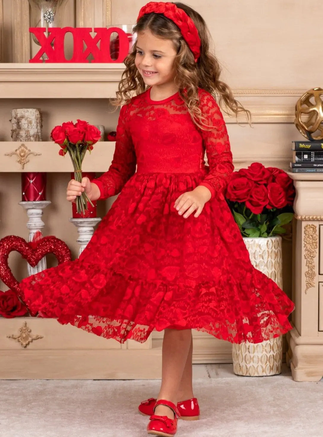 Girls Heart Lace Ruffled Dress with Sash
