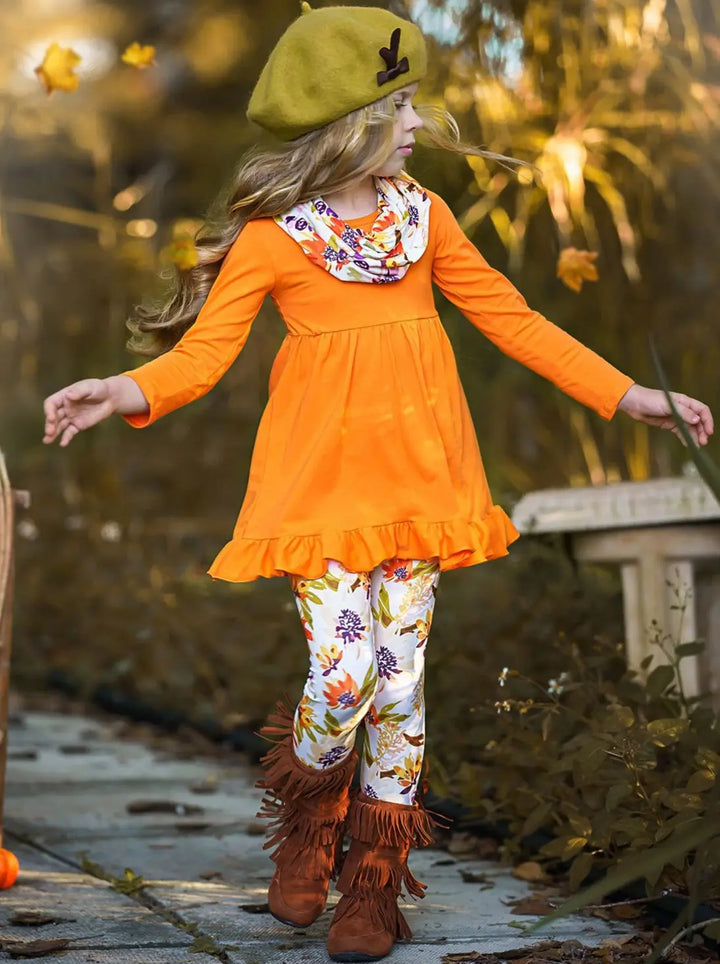 Mia Belle Girls Fall Floral Tunic, Legging & Scarf Set | Girls Sets