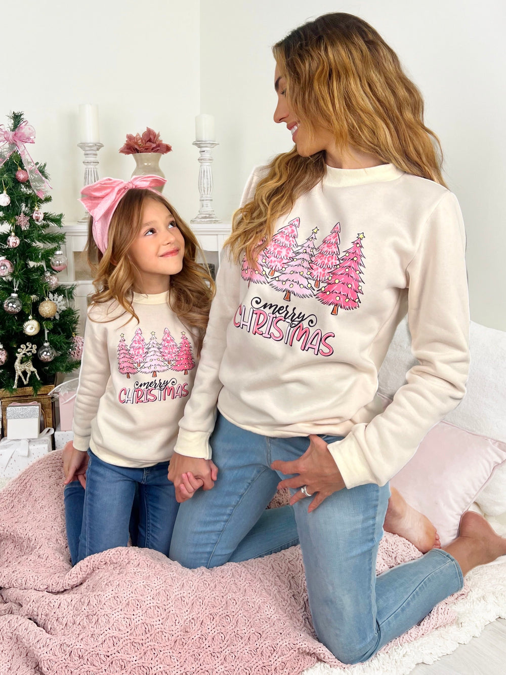 Mommy and Me Merry Christmas Pink Crewneck Sweatshirt Mia Belle Girls