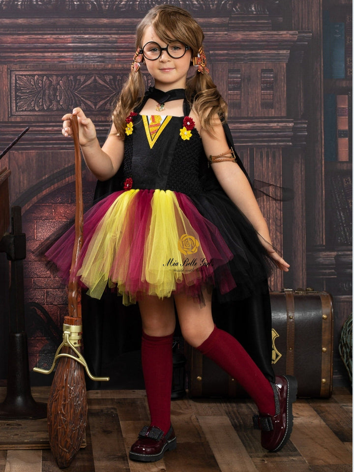 Girls Red and Gold Wizard School Tutu Costume Dress with Wand Mia Belle Girls
