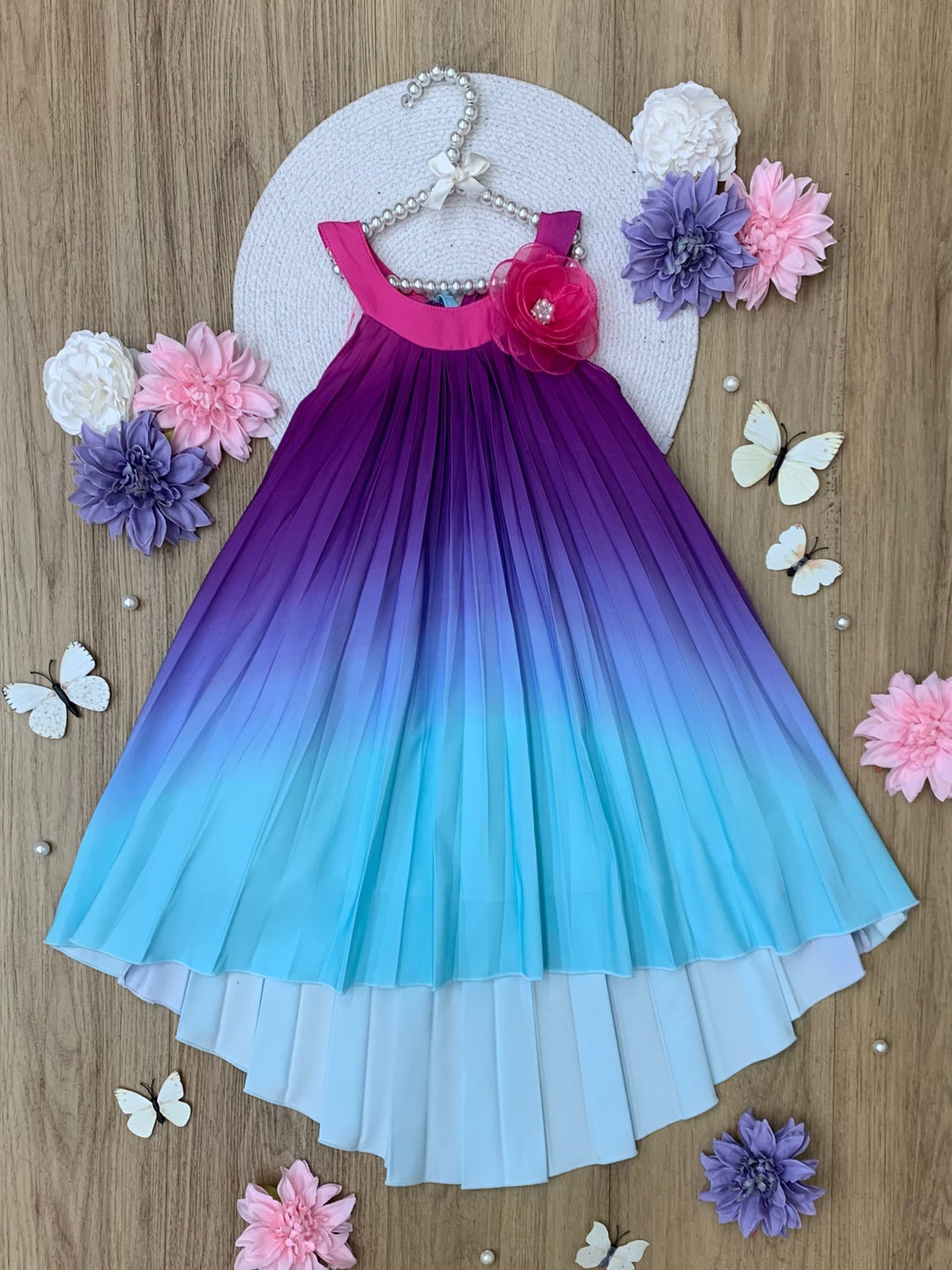 Ocean Sunset Ombre Pleated Hi-Lo Dress