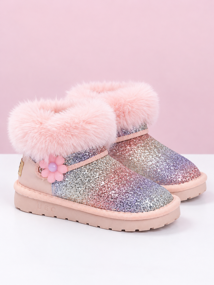 Rainbow Ombre Sparkle Flower Faux-Fur Boots