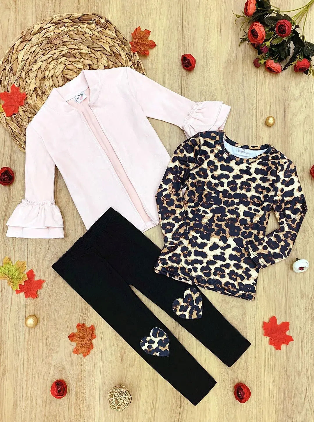 Little Girls Fall Leopard Top, Leggings & Jacket Set - Mia Belle Girls