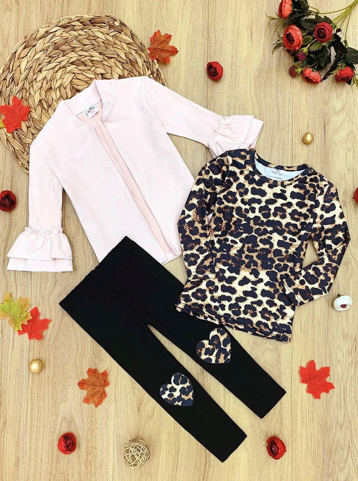 Little Girls Fall Leopard Top, Leggings & Jacket Set - Mia Belle Girls