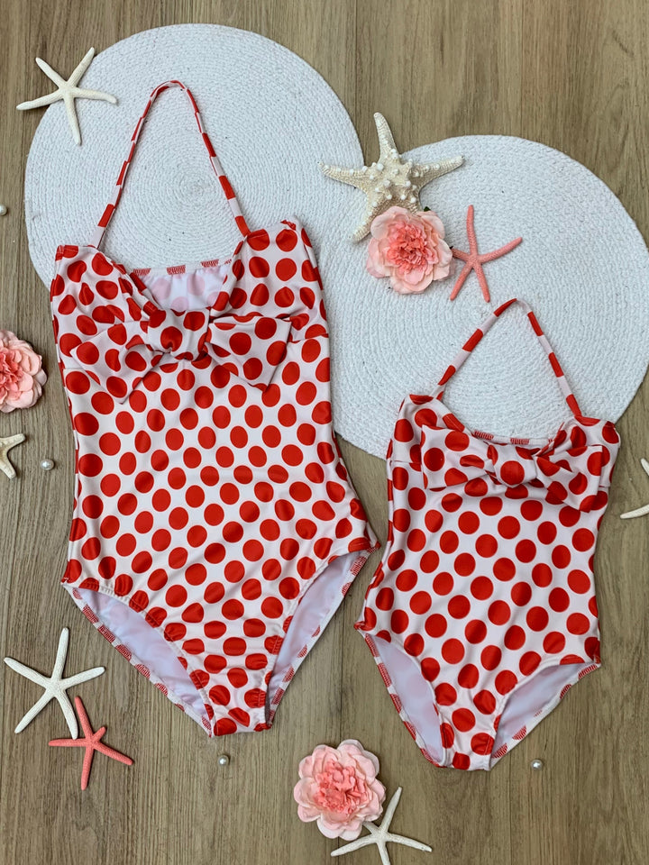 Mommy and Me Bowknot Red Polka Dot One Piece Swimsuit