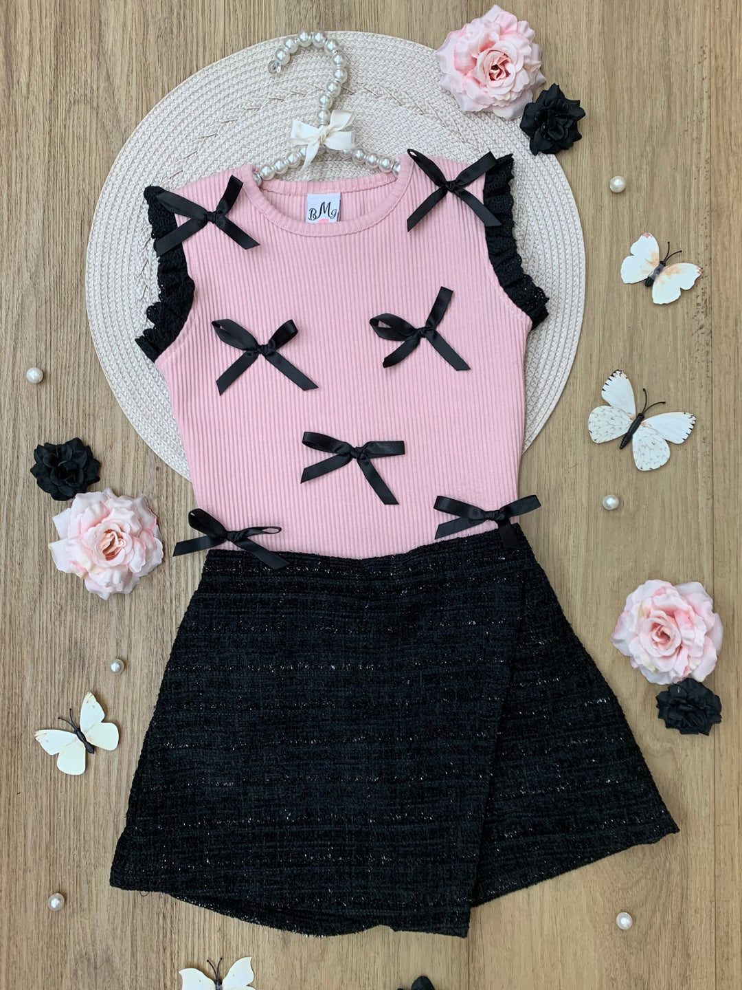 Pink Bow Top & Black Tweed Skirt Set