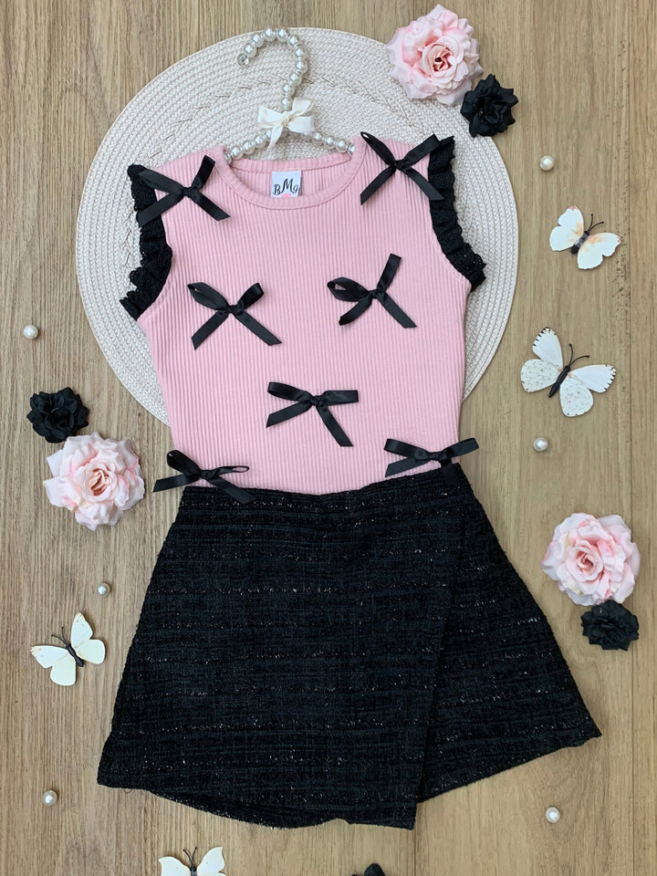 Pink Bow Top & Black Tweed Skirt Set