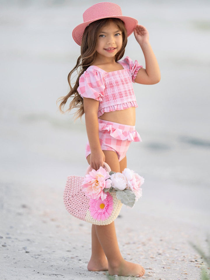 Pink Gingham Smocked Puff Sleeve Two-Piece Swimsuit