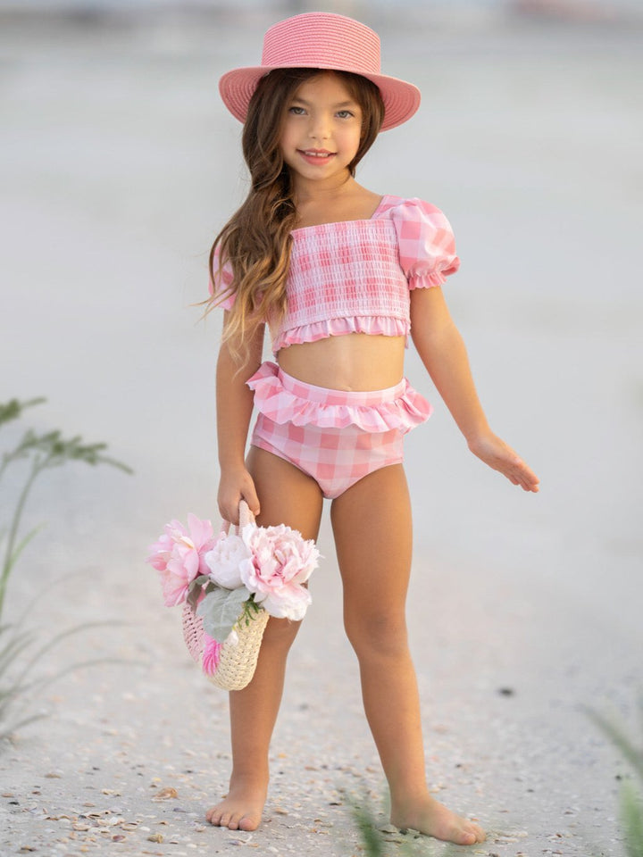 Pink Gingham Smocked Puff Sleeve Two-Piece Swimsuit