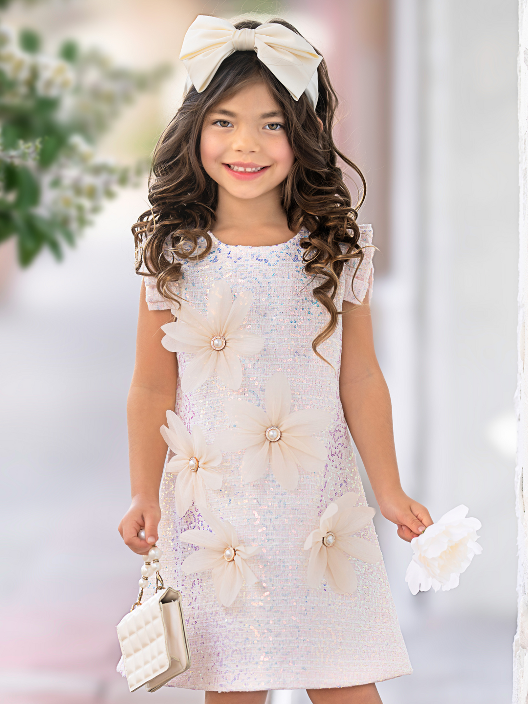 Pink Shimmering Daisy Pearl-Accent Shift Dress
