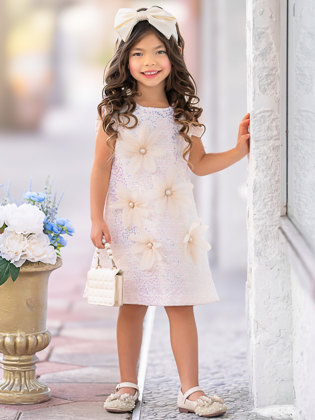 Pink Shimmering Daisy Pearl-Accent Shift Dress