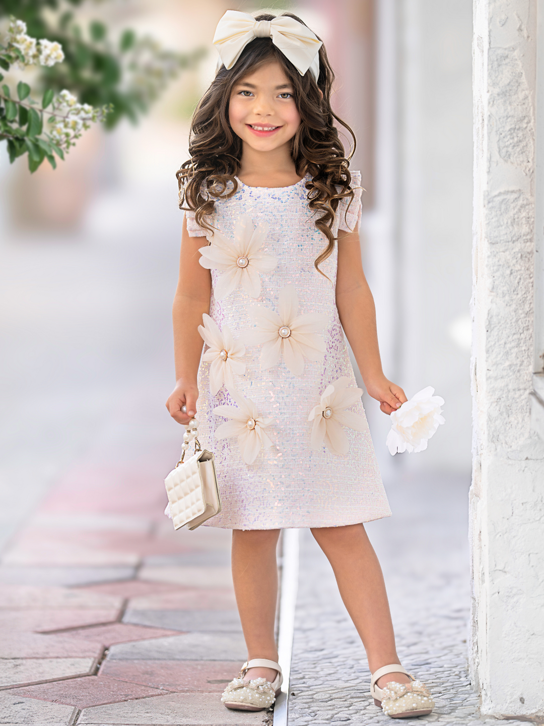 Pink Shimmering Daisy Pearl-Accent Shift Dress