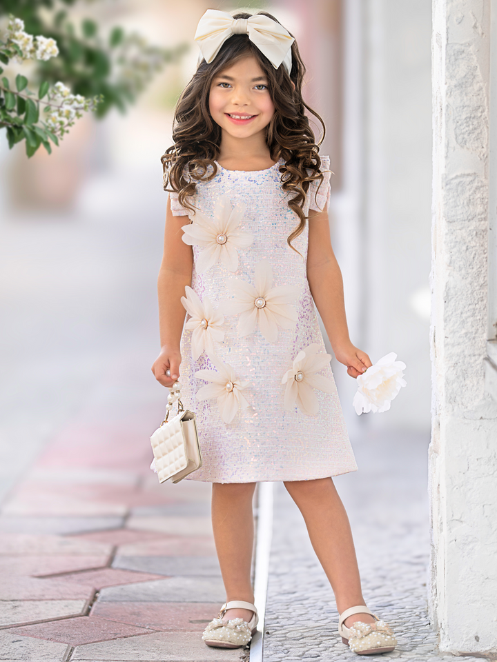 Pink Shimmering Daisy Pearl-Accent Shift Dress