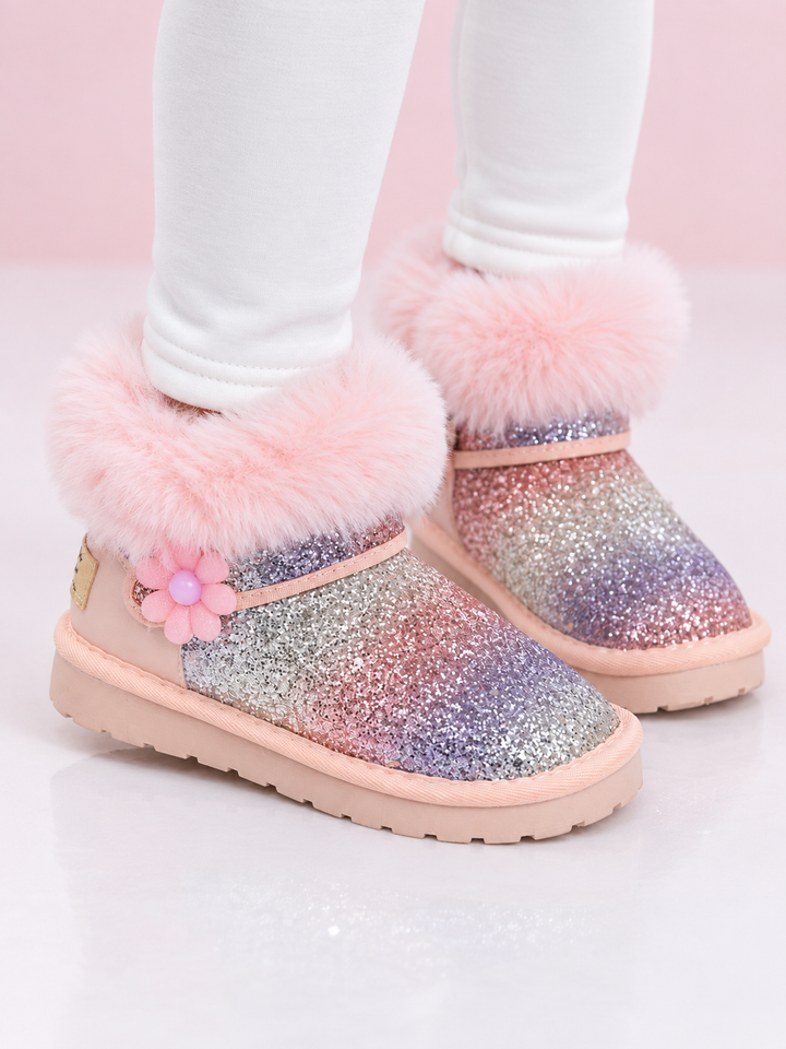 Rainbow Ombre Sparkle Flower Faux-Fur Boots