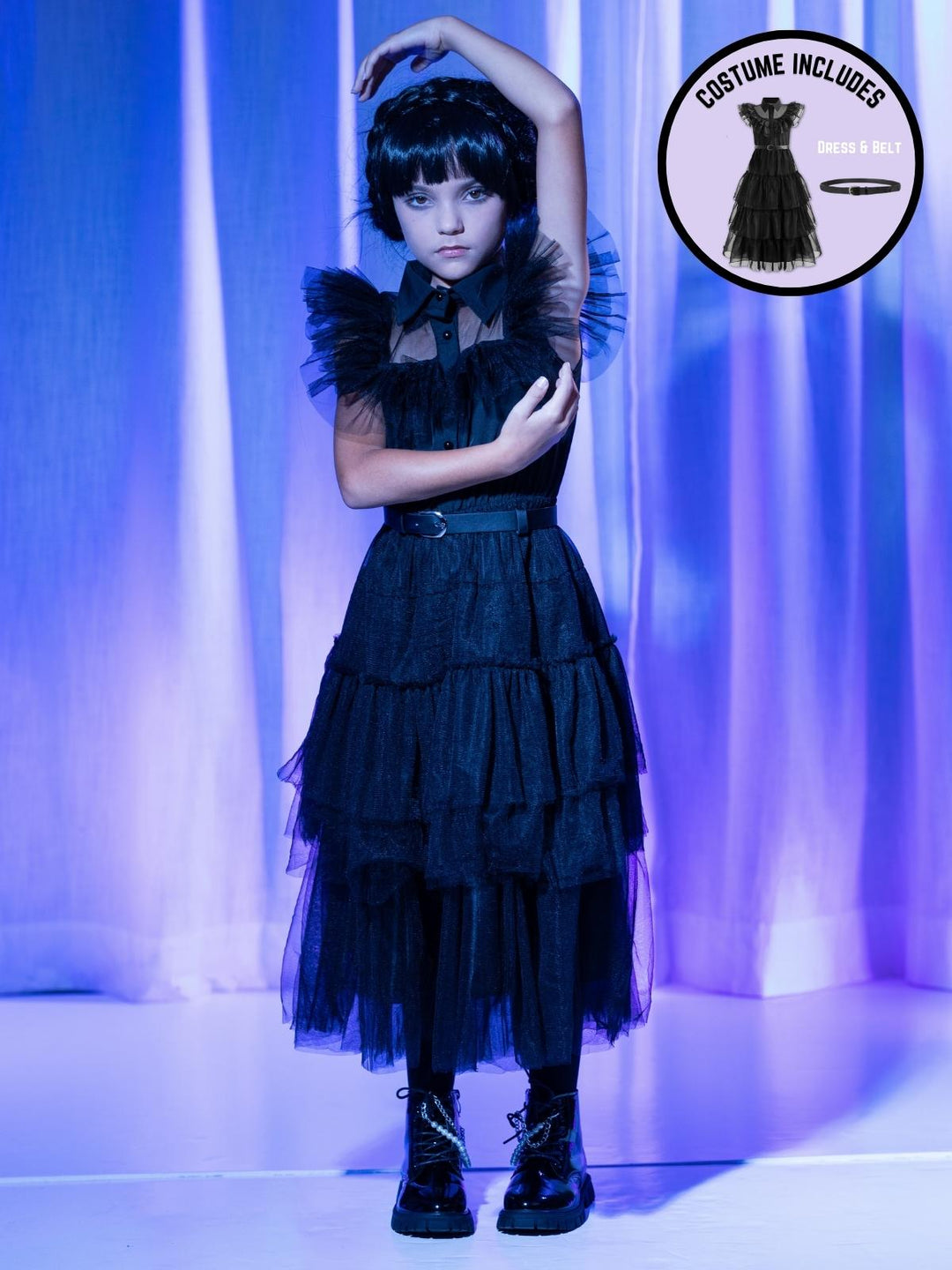 Girls Wednesday Prom Dance Tulle Costume Dress with Belt Black / 7Y