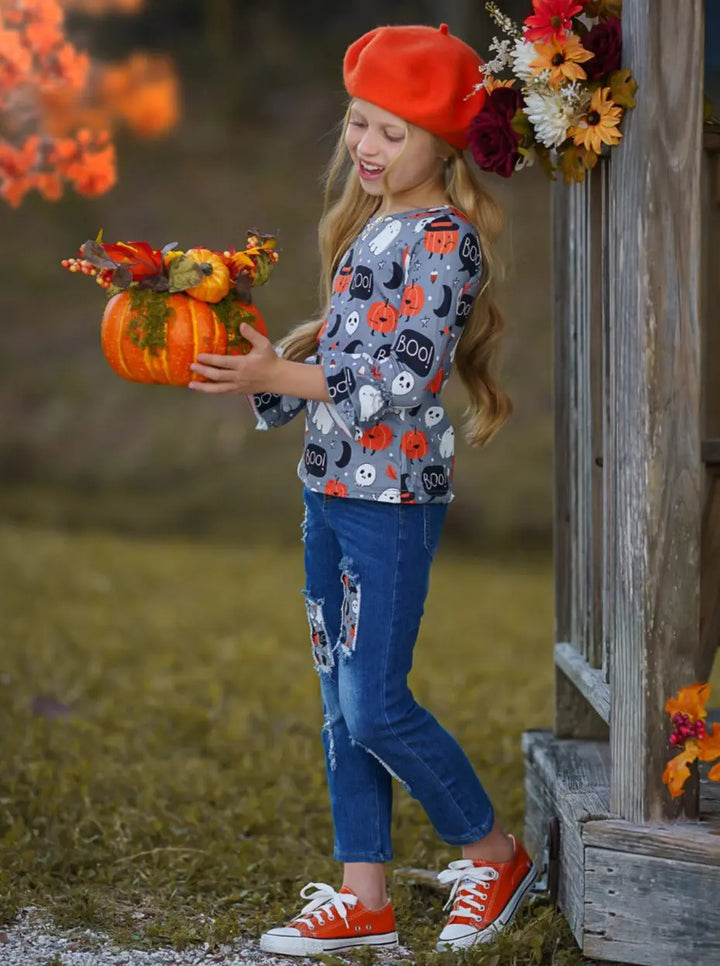 Girls Halloween Outfits | Top & Patched Jeans Set - Mia Belle Girls