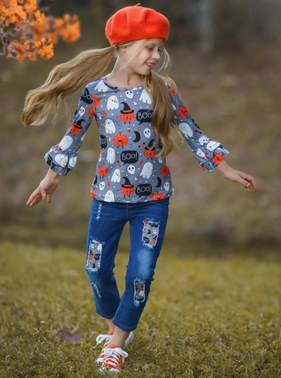 Girls Halloween Outfits | Top & Patched Jeans Set - Mia Belle Girls