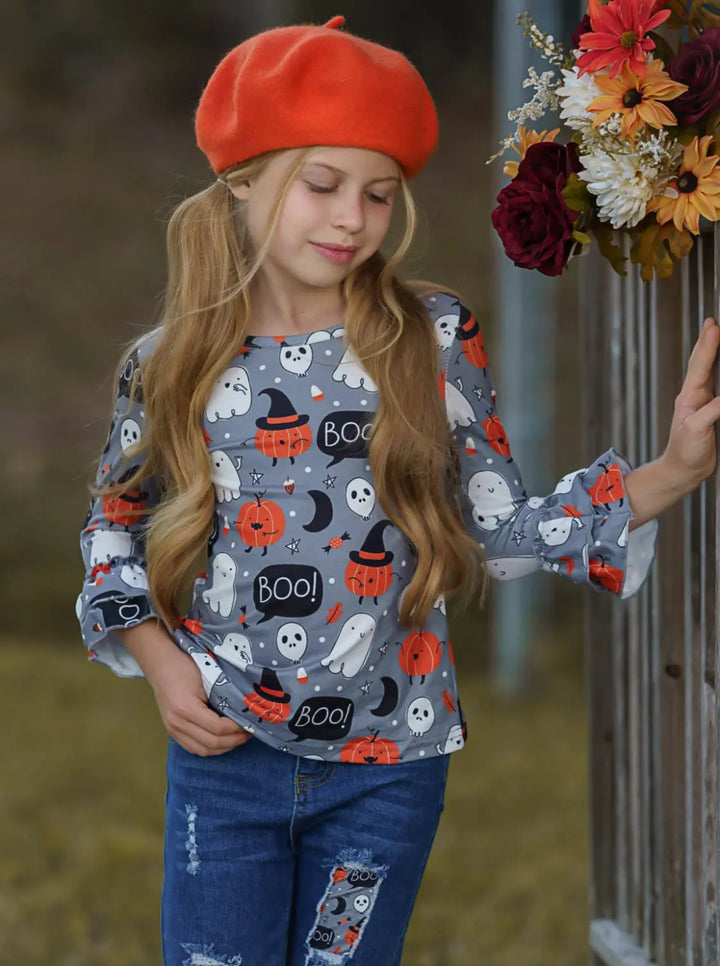 Girls Halloween Outfits | Top & Patched Jeans Set - Mia Belle Girls