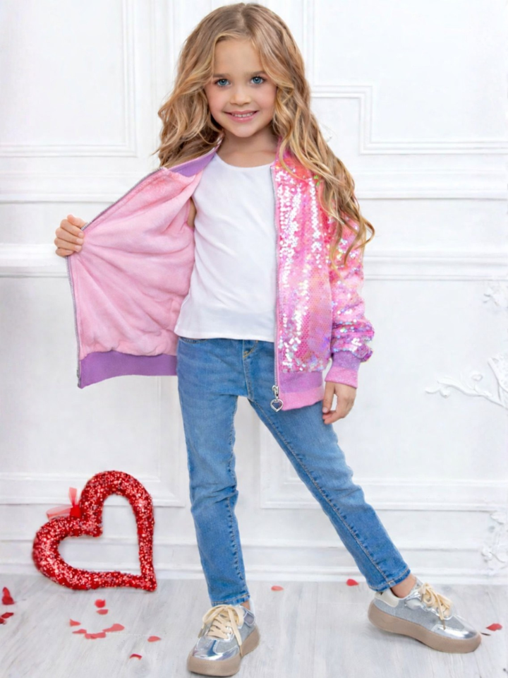 Girls sparkly pink sequin bomber jacket with soft lining