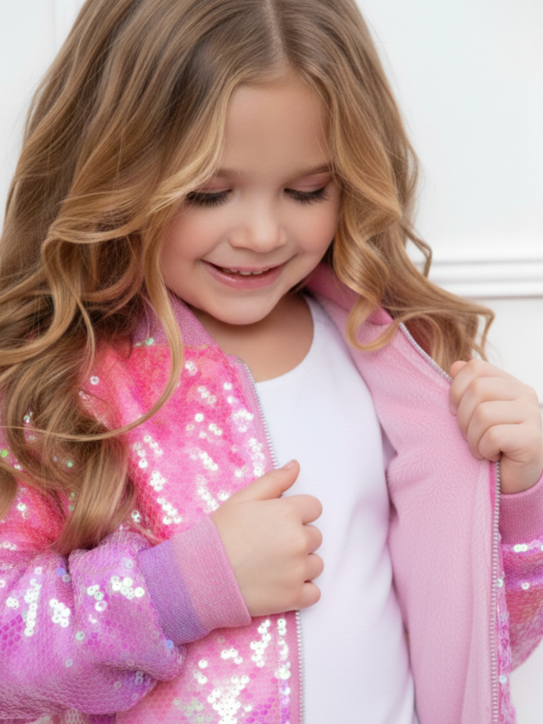 Girls sparkly pink sequin bomber jacket with soft lining