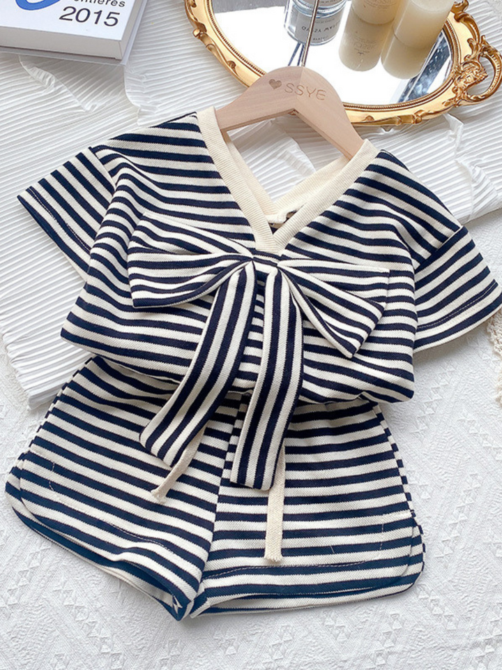 Mia Belle Girls Black Striped Top & Shorts Set | Resort Wear
