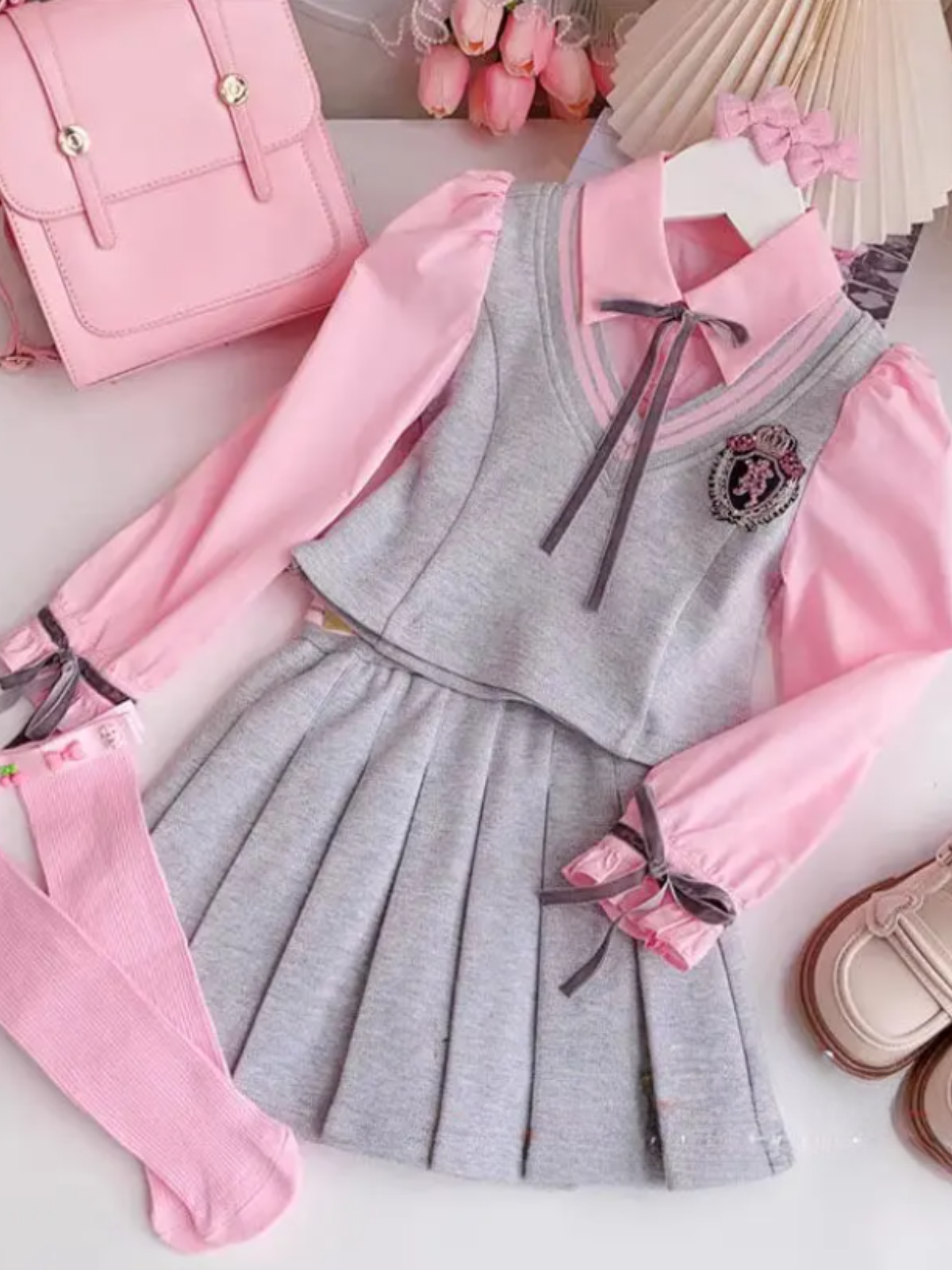Elegant School Uniform Pleated Skirt Set Pink / 11Y