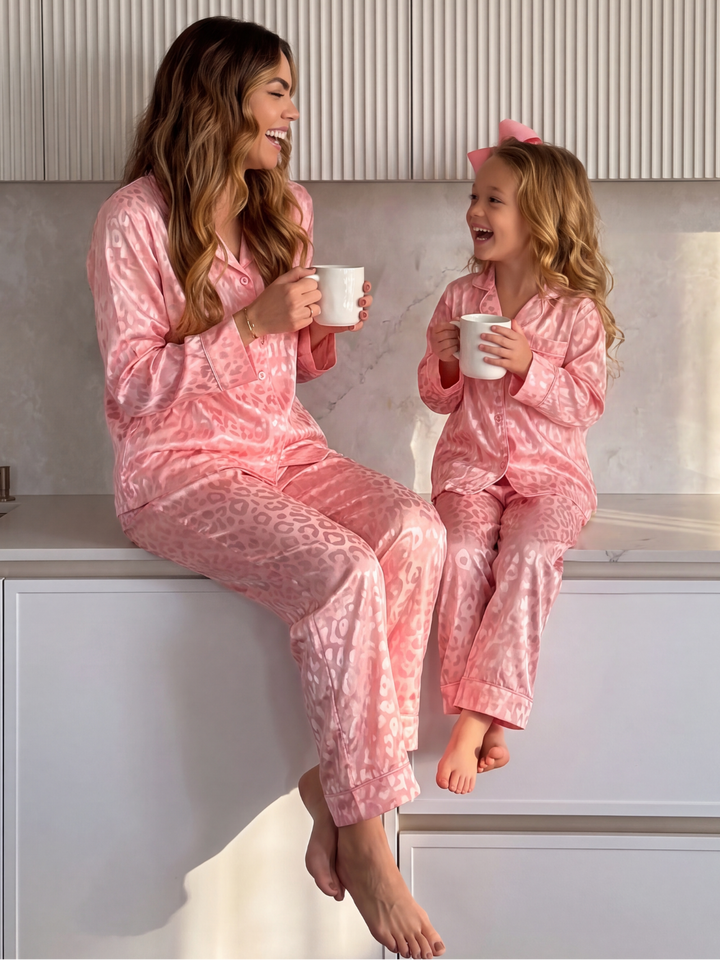 Mommy and Me Pink Leopard Print Silky Pajama Set