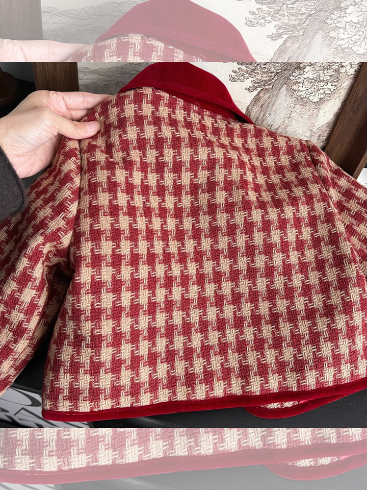 Adorable Red Velvet and Plaid Jacket and Skirt Set Mia Belle Girls