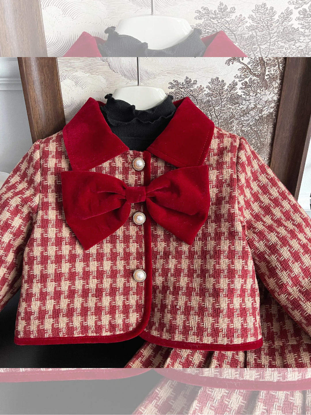 Adorable Red Velvet and Plaid Jacket and Skirt Set Mia Belle Girls