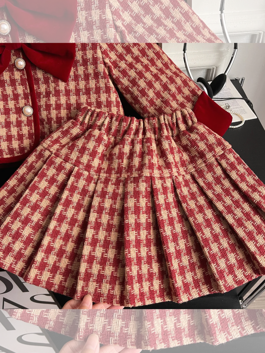 Adorable Red Velvet and Plaid Jacket and Skirt Set Mia Belle Girls