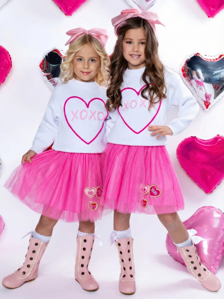 XOXO Embroidered Sweater and Heart Patch Tutu Skirt Set Mia Belle Girls