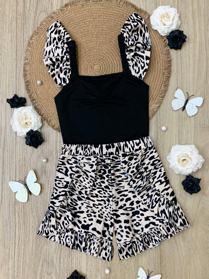 Roaring Fun Leopard Print Top and Ruffle Short Set