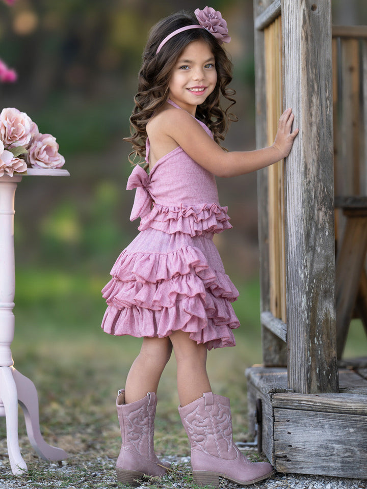 Rosewood Linen Ruffle Halter Top and Skirt Set